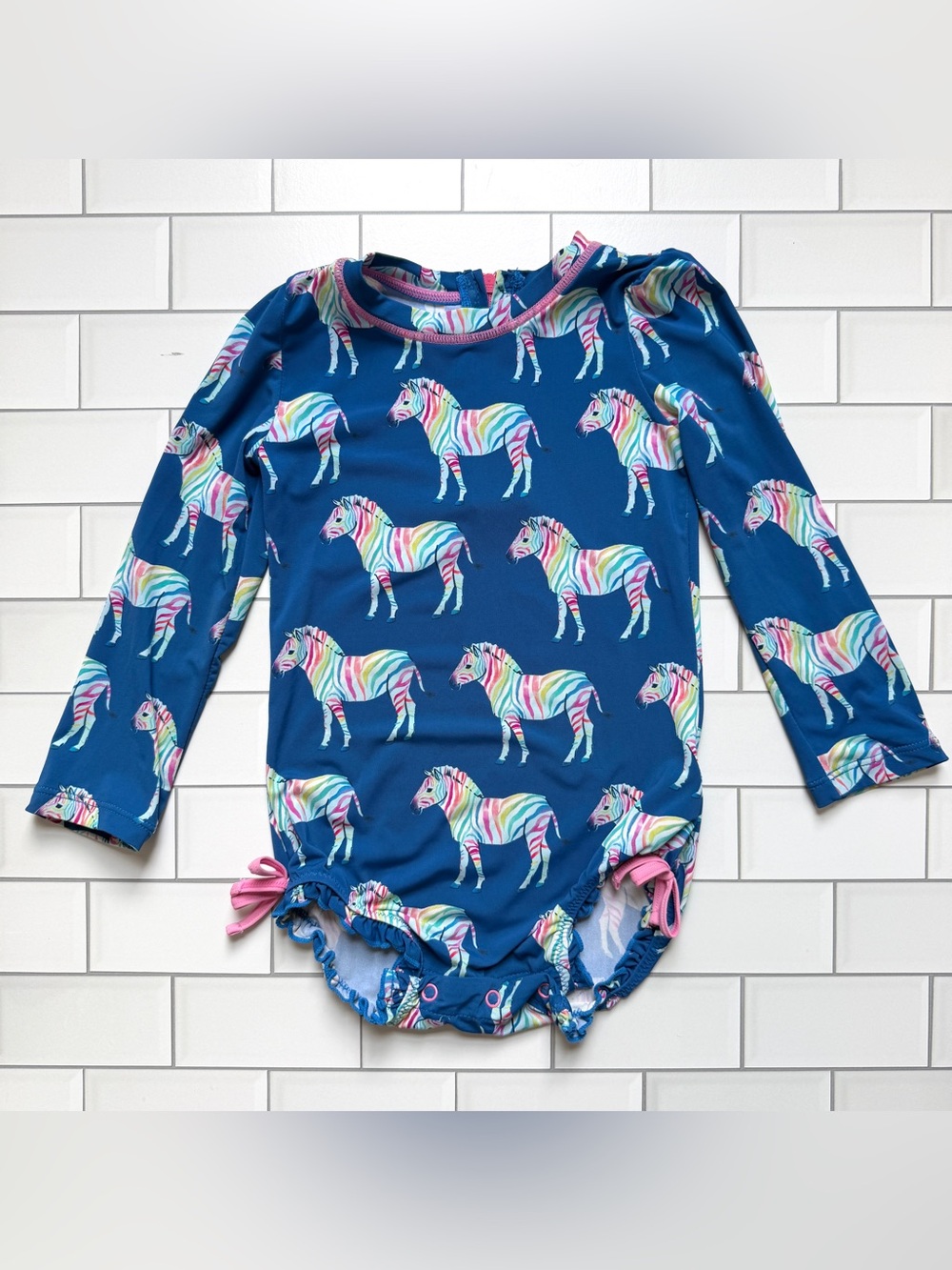🌈18-24M🦓 Hatley Rainbow Zebra Blue Long Sleeve Rashguard Swimsuit 🎀